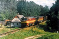 Vlak Vn 49060 se stroji 751.091+382 projd 20. 7. 1996 zastvkou Chlumec u eskch Budjovic.