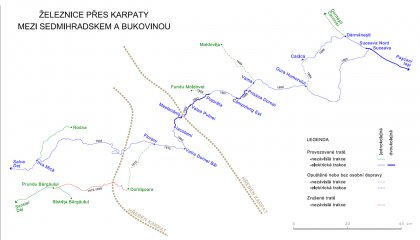 Mapa eleznice pes Karpaty mezi Sedmihradskem a Bukovinou.