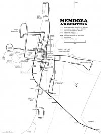 Mapa souasn st trolejbus a eleznice v Mendoze, ale i ji neexistujc tramvajov st a prvn trolejbusov st.