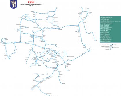 Mapa trolejbusovch trat a linek z roku 2009.