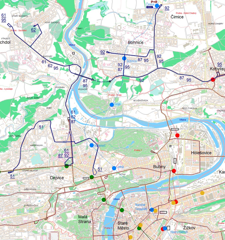 Metro D Bohnice, trolejbusy Dejvice - Suchdol - Kobylisy