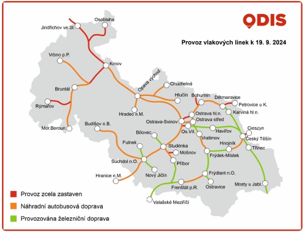 Provoz vlakovch linek k 19. 9. 2024. Zdroj: KODIS