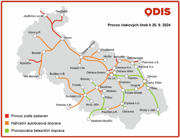 Provoz vlakovch linek k 20. 9. 2024. Zdroj: KODIS