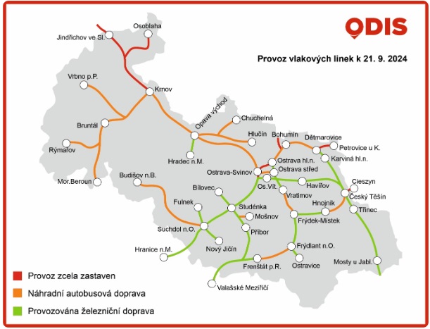 Provoz vlakovch linek k 21. 9. 2024. Zdroj: KODIS