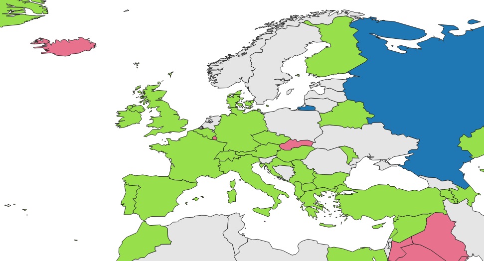stty v Evrop, s nimi Rusko otevelo hranice (stav k 5.10.2021)