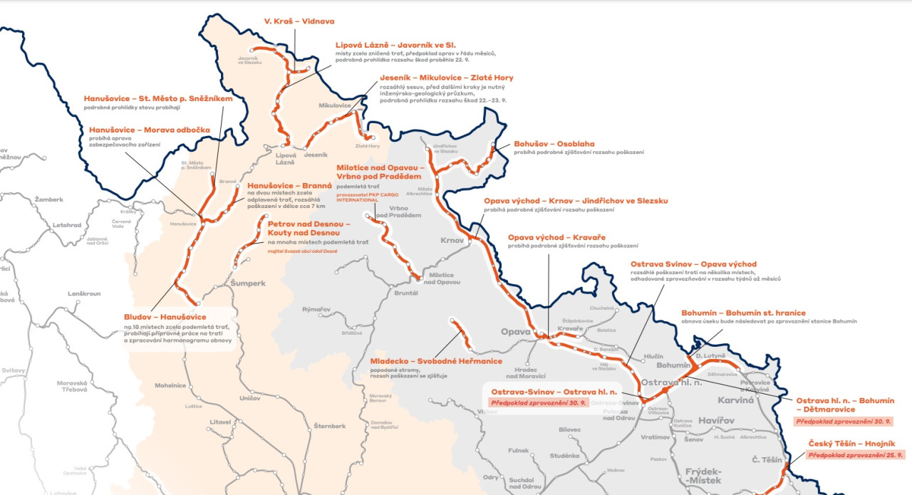 Povodn 2024  aktuln omezen, seky trat pokozen povodnmi. Zdroj: Sprva eleznic, s. o.