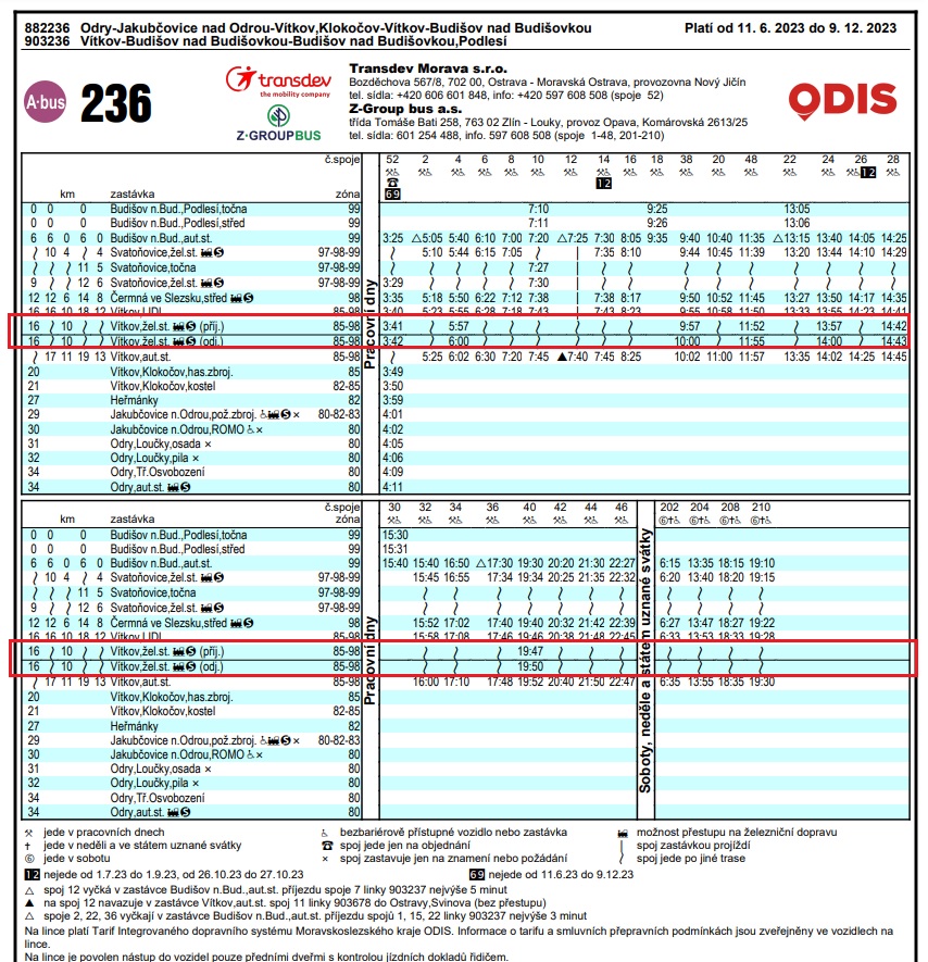 J linky . 236 v trase Budiov nad Budiovkou - Vtkov (- Odry), kter je platn od 11. 6. 2023