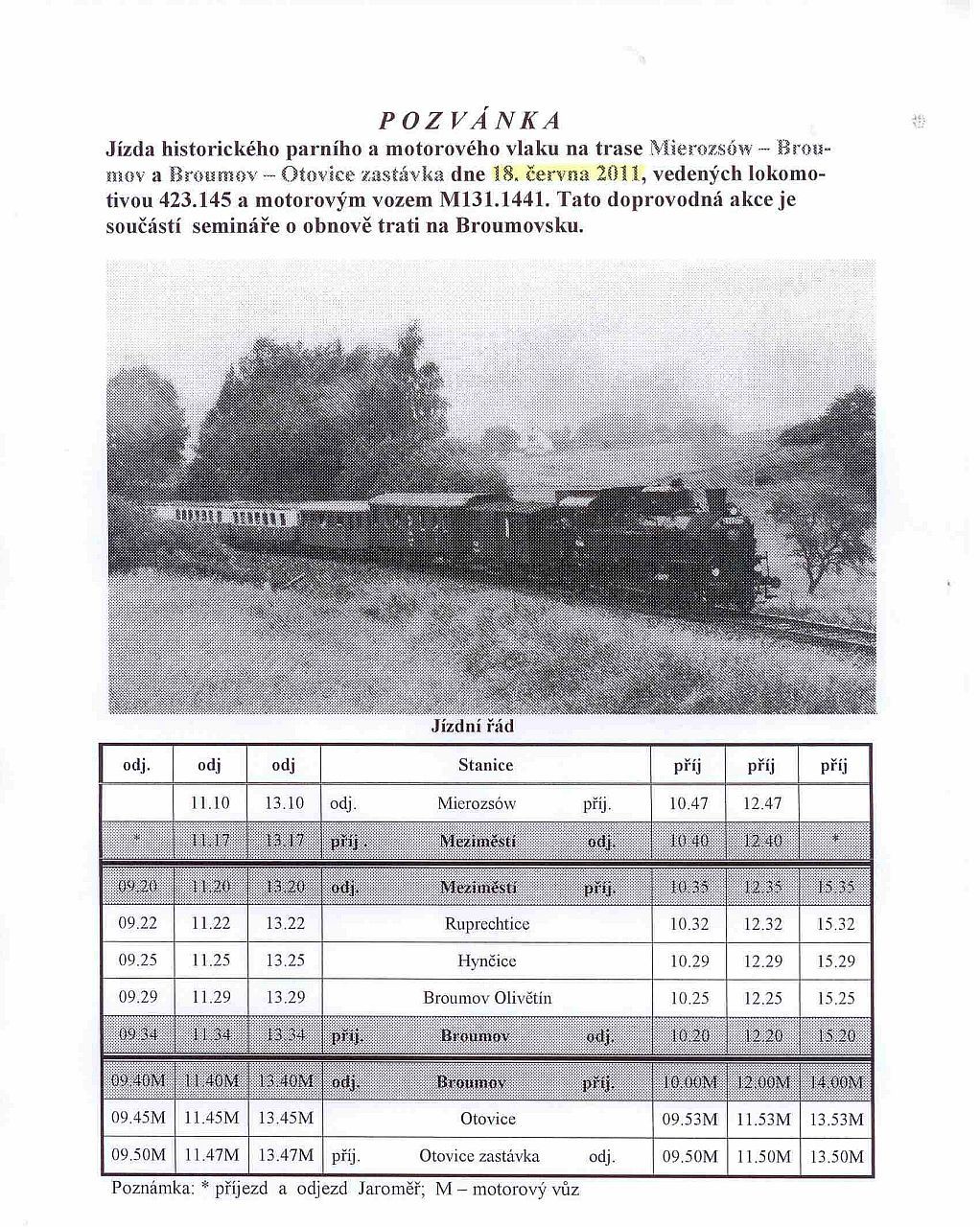 Jzda historickho parnho a motorovho vlaku na trase Mierozsw  Broumov a Broumov  Otovice zast.