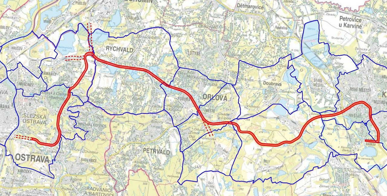 Mapa plnovan trasy tramvajov rychlodrhy mezi Ostravou, Rychvaldem, Orlovou a Karvinou