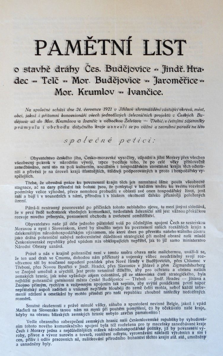 Petice za stavbu trati B-Tel-Ivanice (1922)