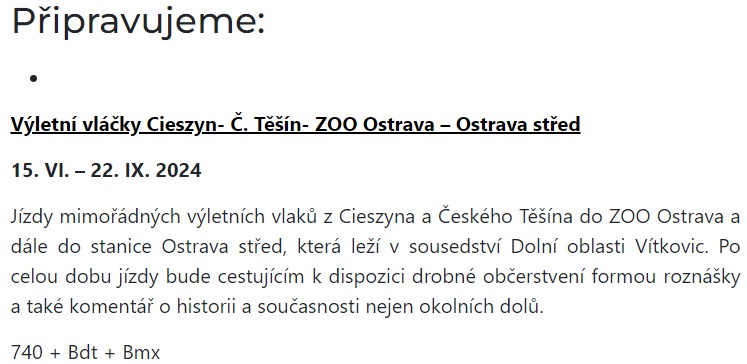 Vletn vlky Cieszyn - esk Tn - ZOO Ostrava - Ostrava sted. Zdroj: Slezsk eleznin spolek