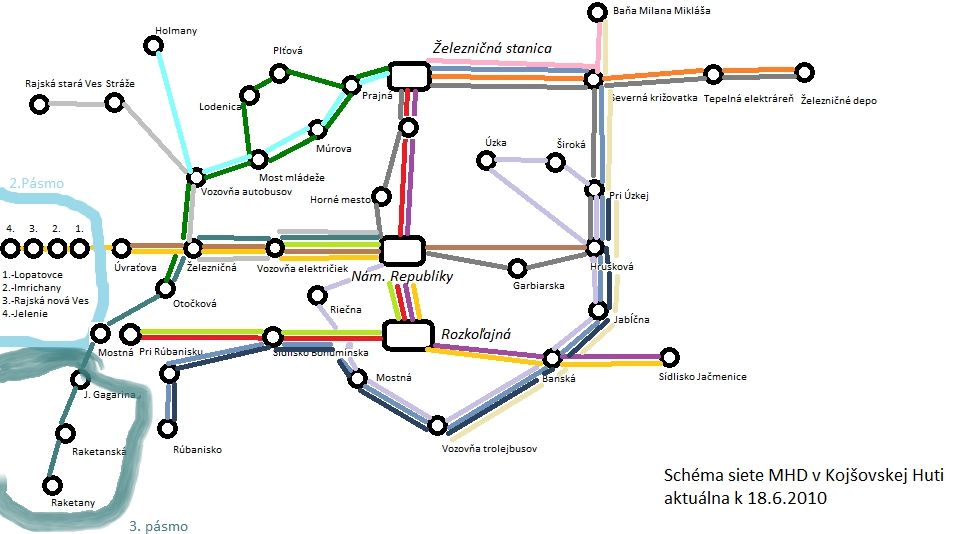 Mapa siete MHD v meste Kojovsk Hu, 18.8.2010