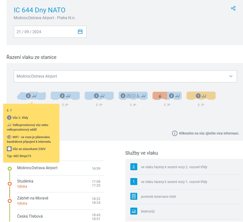 azen IC 644 Dny NATO ze stanice Monov, Ostrava Airport dne 21. 9. 2024. Zdroj: esk drhy