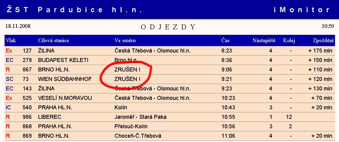 zpodn a zruen vlaky v Pardubicch