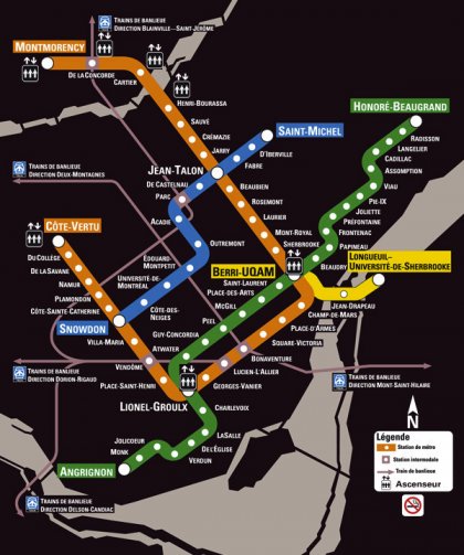 Plánek sítě montrealského metra.