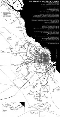 Souhrnn mapa tramvajovch trat v Buenos Aires za celou jejich existenci.