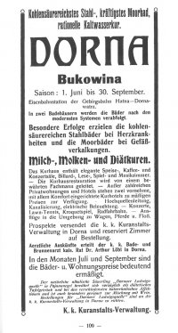 Reklamní texty z dobového turistického průvodce po Bukovině, vydaného v roce 1908 v Černovicích.